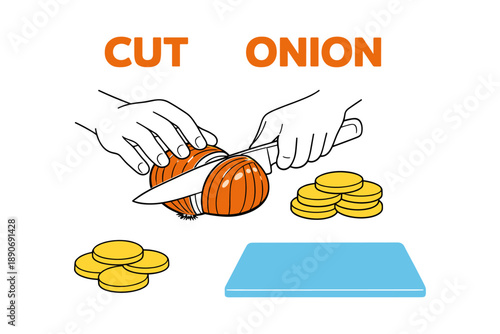 Illustration of slicing a brown onion with knife and chopping board