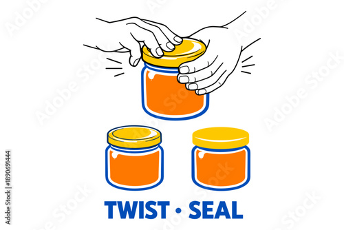 Hands sealing orange jar with yellow lid: twist and seal illustration