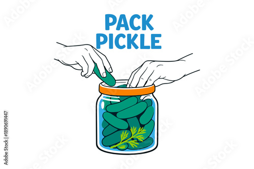Hands packing pickles in a jar with dill - simple illustration