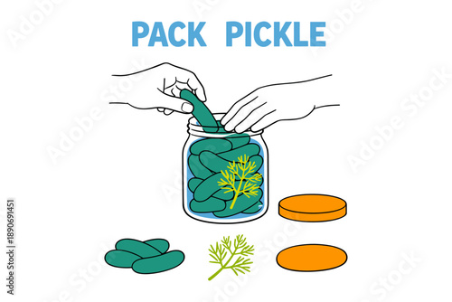 Hands placing cucumbers in jar for pickling with dill and lids