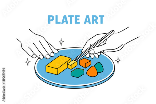 Minimalist plate design with geometric food shapes and hands using chopsticks