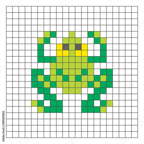 A flat pixel design made of geometric square color blocks on a clean grid layout. Pixel art frog