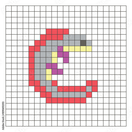 A flat pixel design made of geometric square color blocks on a clean grid layout. Pixel art salamander