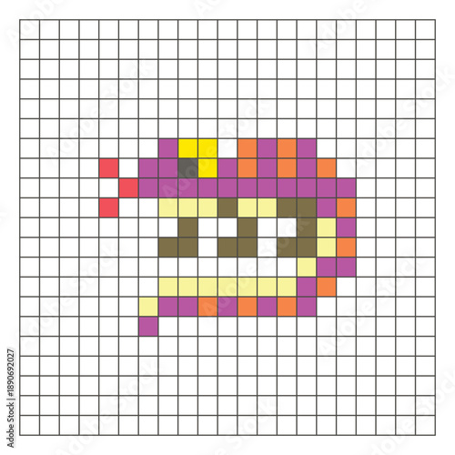 A flat pixel design made of geometric square color blocks on a clean grid layout. Pixel art lizard