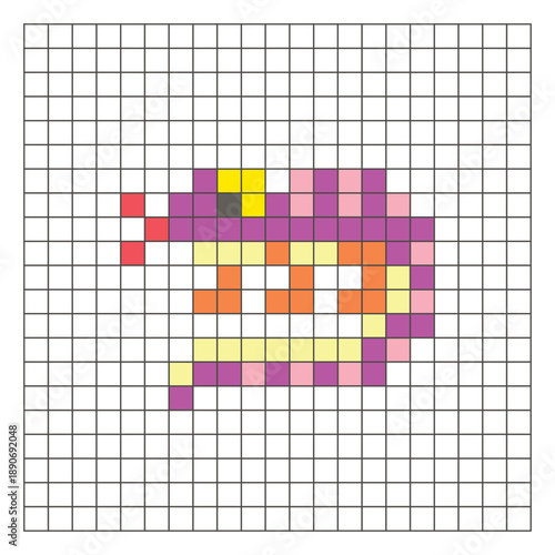 A flat pixel design made of geometric square color blocks on a clean grid layout. Pixel art lizard