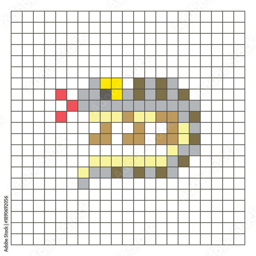 A flat pixel design made of geometric square color blocks on a clean grid layout. Pixel art lizard