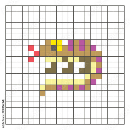 A flat pixel design made of geometric square color blocks on a clean grid layout. Pixel art lizard
