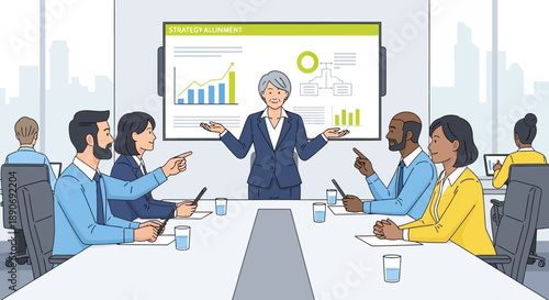 Businesswoman presenting data to colleagues in meeting.