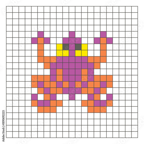 A flat pixel design made of geometric square color blocks on a clean grid layout. Pixel art frog