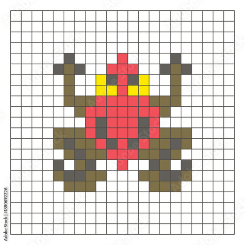 A flat pixel design made of geometric square color blocks on a clean grid layout. Pixel art frog