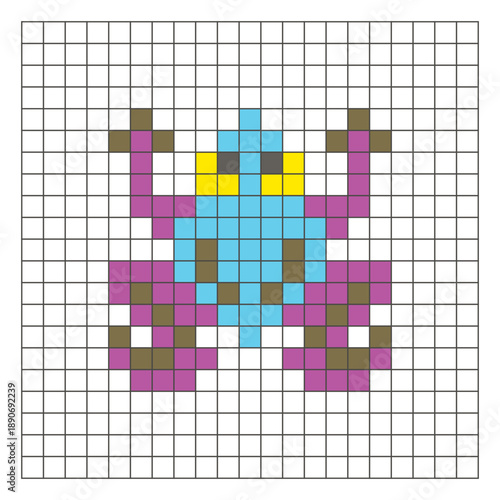 A flat pixel design made of geometric square color blocks on a clean grid layout. Pixel art frog