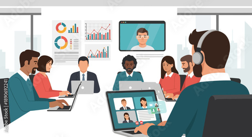 Man Wearing Headset in Conference Room.