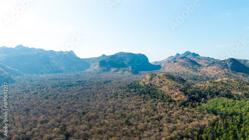 Wallpaper Mural Wide aerial vast expanse of forested hills and distant mountain ranges under clear blue sky. Torontodigital.ca