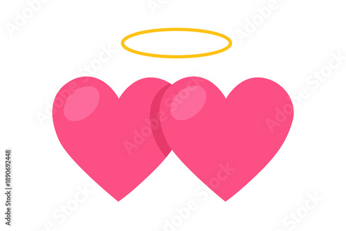 Cute Pink Heart Icon with Golden Halo, Angel Love Symbol Illustration, Romantic Valentine’s Day and Pure Love Concept Isolated on White Background.