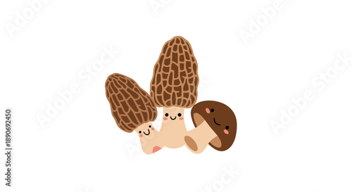 A cute group of three kawaii-style morel mushrooms with happy smiling faces perfect for a charming woodland design.