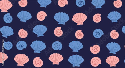 A repeating seamless pattern of stylized blue and pink seashells and spiral shells on a solid dark blue sea background.