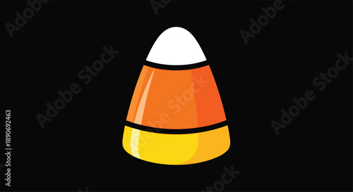 A single piece of iconic Halloween candy corn with its yellow orange and white layers on a solid black background.