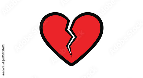 Simple red broken heart icon with a thick black outline representing heartbreak sadness and the end of a loving relationship.