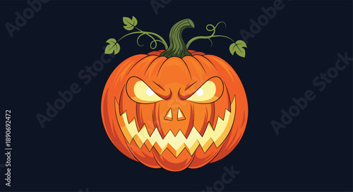 Spooky jack-o-lantern with a menacing grin and bright glowing yellow eyes on a dark background for Halloween celebrations.