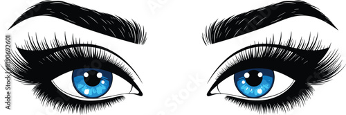 Blue female eyes with long lashes and bold eyebrows detailed vector illustration beauty makeup fashion gaze isolated design