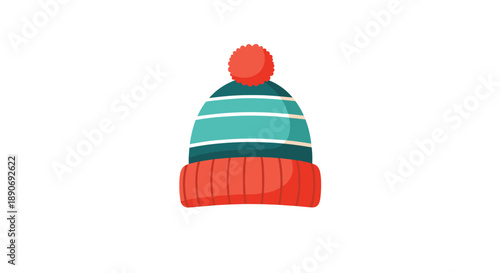 A cozy and warm winter beanie hat with blue and white stripes a red cuff and a cute pom-pom on top for cold weather.