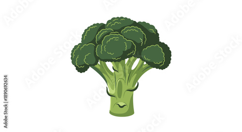 A cute cartoon broccoli character with a grumpy and unimpressed facial expression isolated on a plain white background.