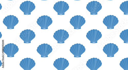 A simple and clean seamless pattern of light blue scallop shells arranged in neat rows on a plain white background.