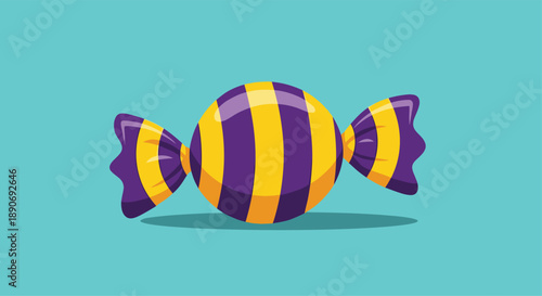 A round piece of Halloween candy in a wrapper with bold vertical purple and yellow stripes on a solid blue background.