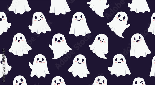 A cute seamless Halloween pattern with many friendly cartoon ghosts making happy and winking faces on a dark background.