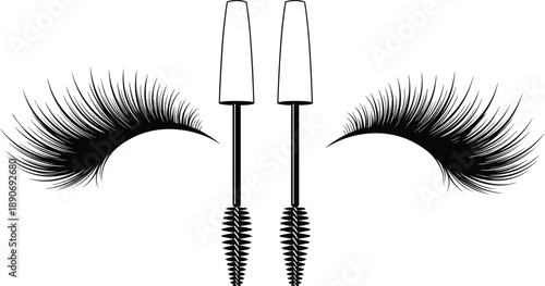 False eyelashes and mascara brush cosmetic set vector illustration beauty makeup lash extension tools fashion salon design
