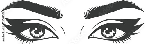 Stylized female eyes black and white vector illustration with bold lashes eyebrows makeup gaze beauty fashion graphic design
