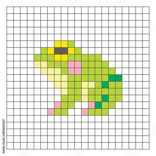 A flat pixel design made of geometric square color blocks on a clean grid layout. Pixel art frog