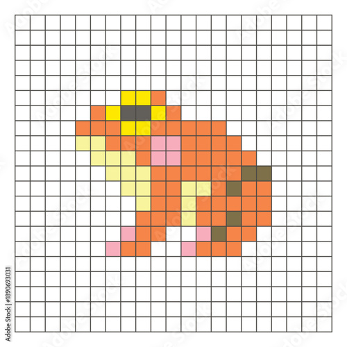 A flat pixel design made of geometric square color blocks on a clean grid layout. Pixel art frog