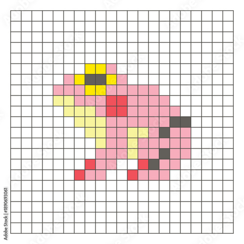 A flat pixel design made of geometric square color blocks on a clean grid layout. Pixel art frog