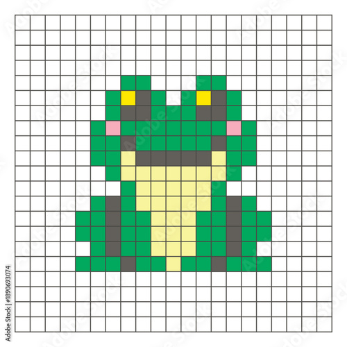 A flat pixel design made of geometric square color blocks on a clean grid layout. Pixel art frog