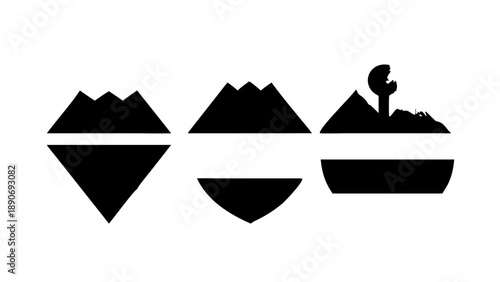 Black Silhouette Nature Icons Set with Mountain and Industrial Impact Concepts