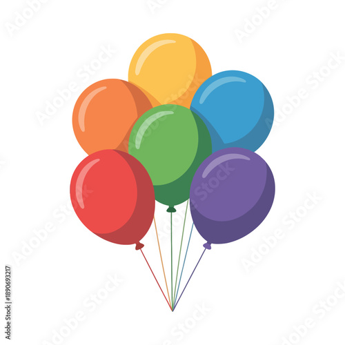 A bouquet of colorful balloons floats against a white background.