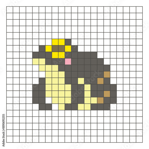 A flat pixel design made of geometric square color blocks on a clean grid layout. Pixel art frog