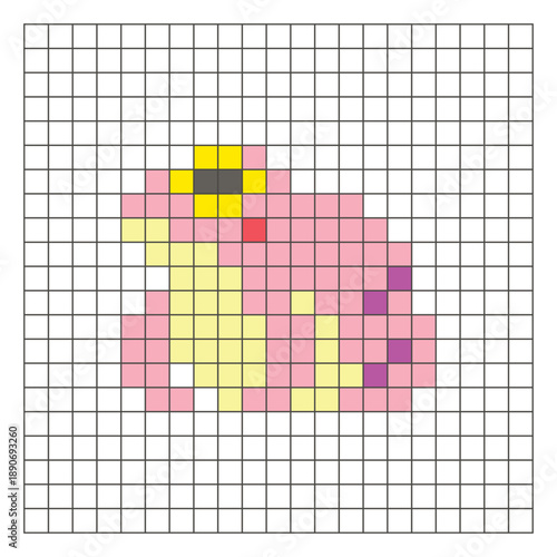 A flat pixel design made of geometric square color blocks on a clean grid layout. Pixel art frog