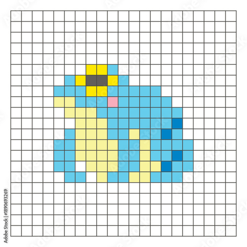 A flat pixel design made of geometric square color blocks on a clean grid layout. Pixel art frog