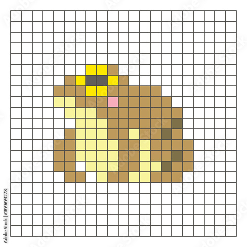 A flat pixel design made of geometric square color blocks on a clean grid layout. Pixel art frog