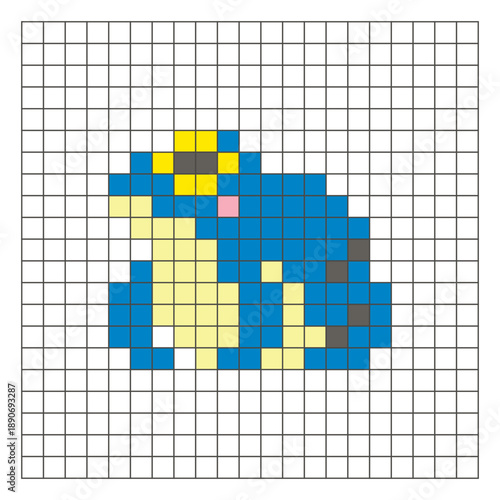 A flat pixel design made of geometric square color blocks on a clean grid layout. Pixel art frog