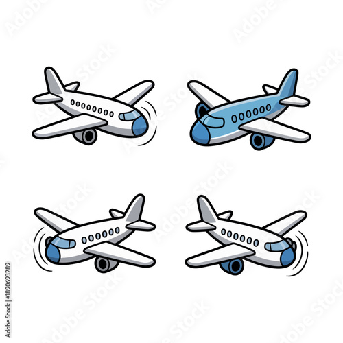 Four cartoon airplanes are depicted in a grid layout, illustrating travel.