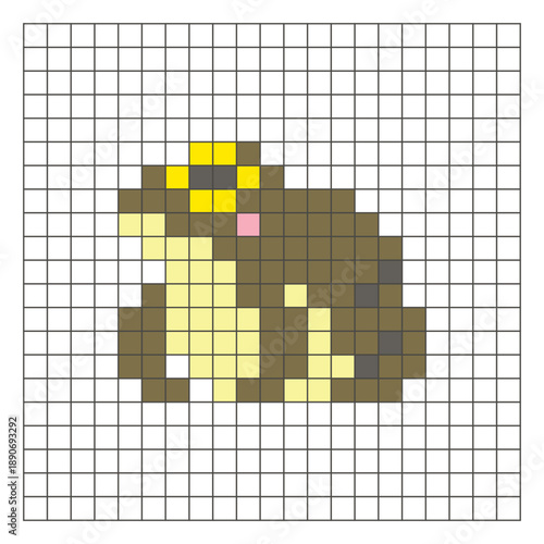 A flat pixel design made of geometric square color blocks on a clean grid layout. Pixel art frog
