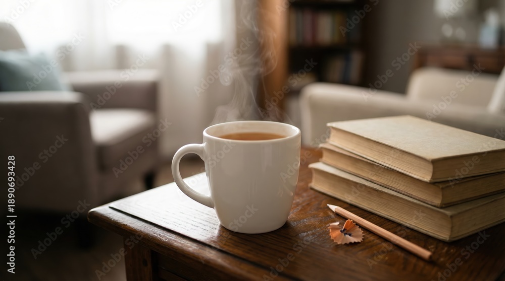 Fototapeta premium Steaming white mug of hot beverage next to a stack of vintage books on a rustic wooden table in a cozy interior with copy space for relaxation and reading concept.