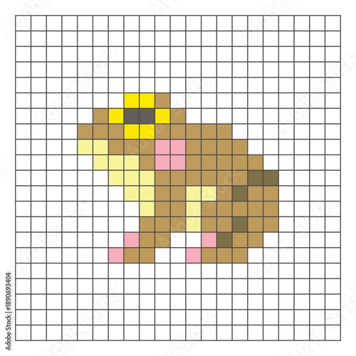 A flat pixel design made of geometric square color blocks on a clean grid layout. Pixel art frog