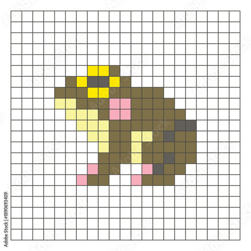 A flat pixel design made of geometric square color blocks on a clean grid layout. Pixel art frog