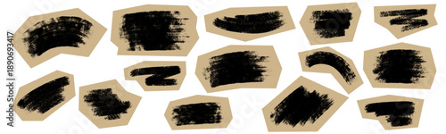 Bold black crayon strokes and charcoal textures in grunge scrapbook style. Vector set of cutout paper stickers with abstract scribbles for zine, craft, journal, and creative nursery design.