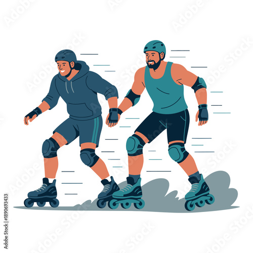 Two friends rollerblading together, holding hands and enjoying outdoor activity.