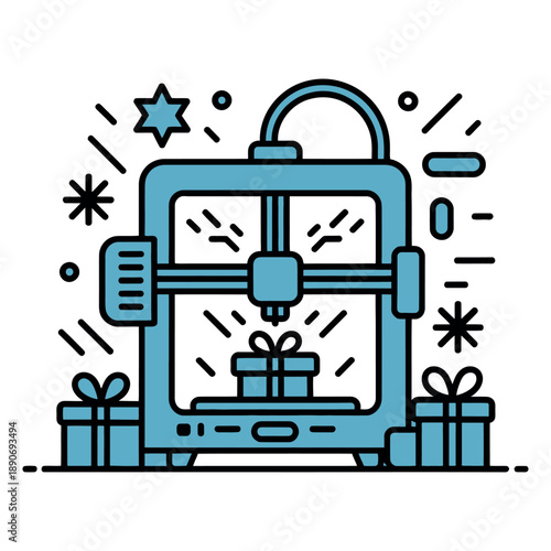 A 3D printer creates a gift for a special occasion, surrounded by festive decorations.